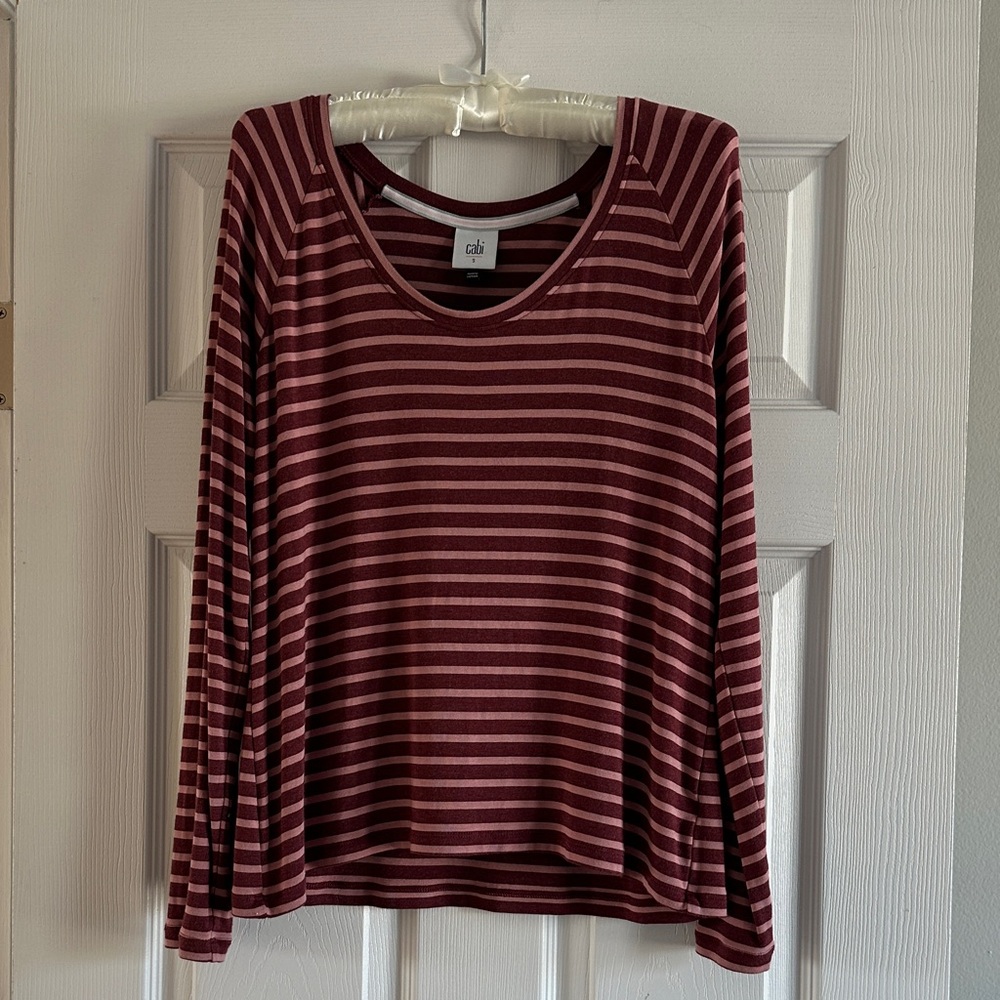 CAbi Maroon and Pink Striped Long Sleeve Top